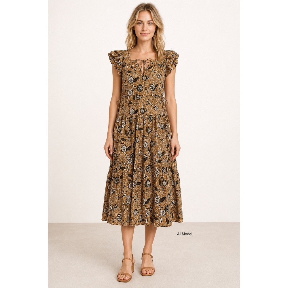 Ulla Johnson Floral Tiered Midi Dress Size 0 Boho Prairie Flutter Sleeve Cottage